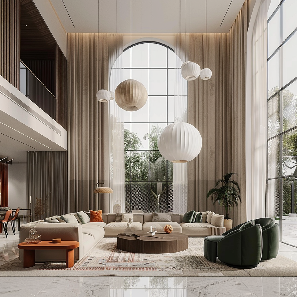 Modern Living Room with High Ceilings and Neutral Tones 