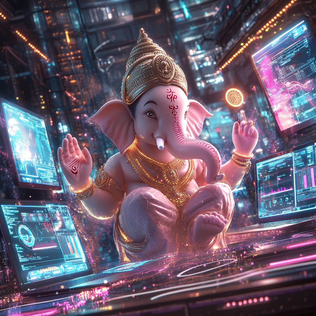 Modern Lord Ganesha surrounded by digital marketing metrics and tools.