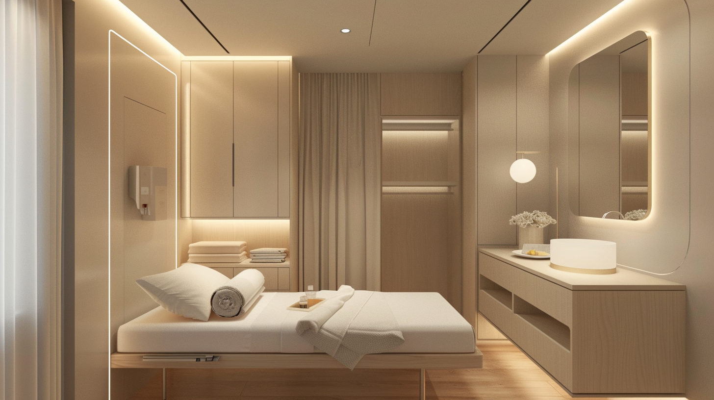 Modern Minimalist Treatment Room with Subdued Lighting and Storage