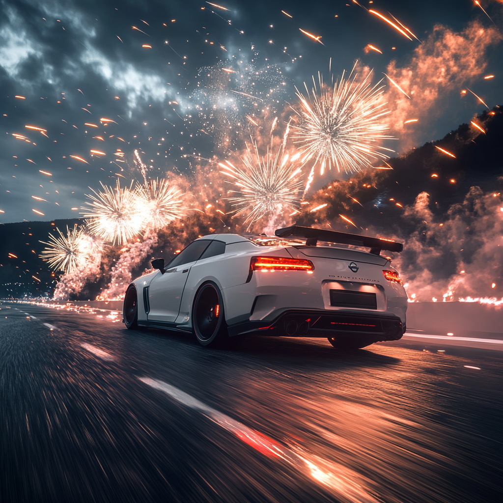 Modern Nissan Skyline driving with fireworks in background