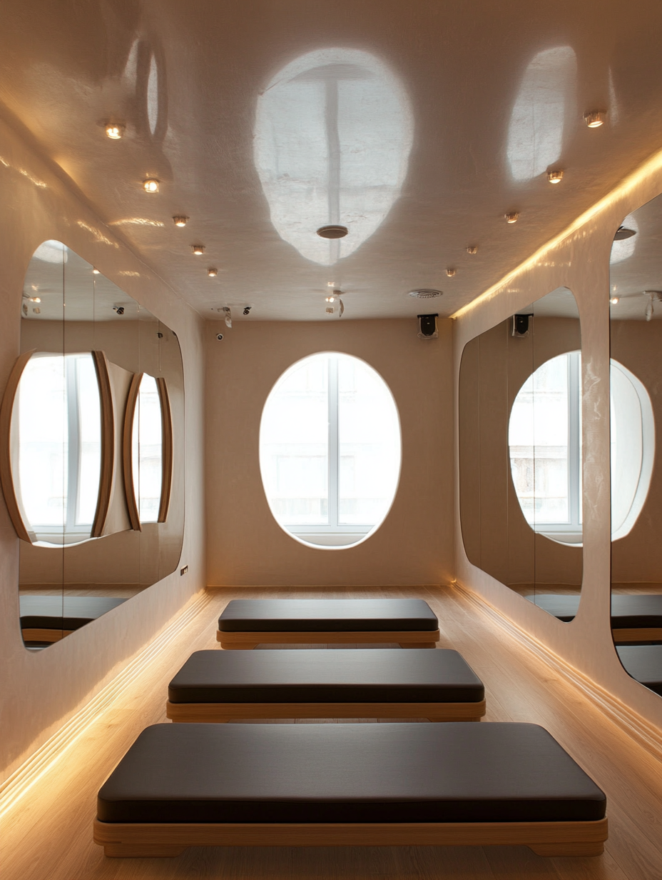 Modern Pilates Room with Mirrors and Parquet Flooring