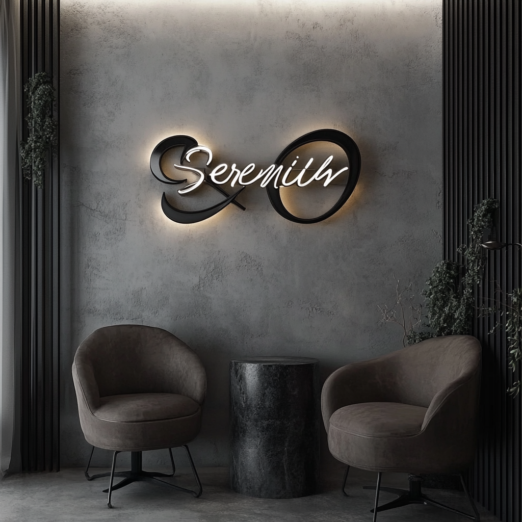 Modern Salon with 3D 'SERENITY' Metal Sign Installed