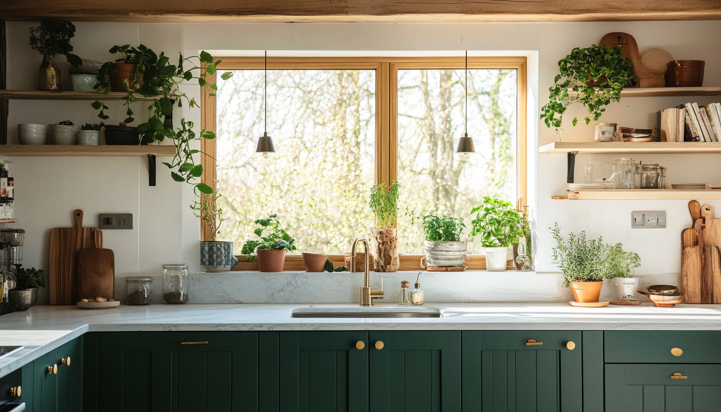 Modern Sunlit Kitchen with Green Cabinets, Wooden Accents