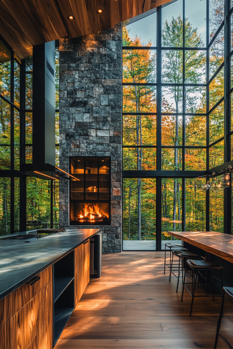 Modern Wilderness Kitchen with Expansive Forest Views