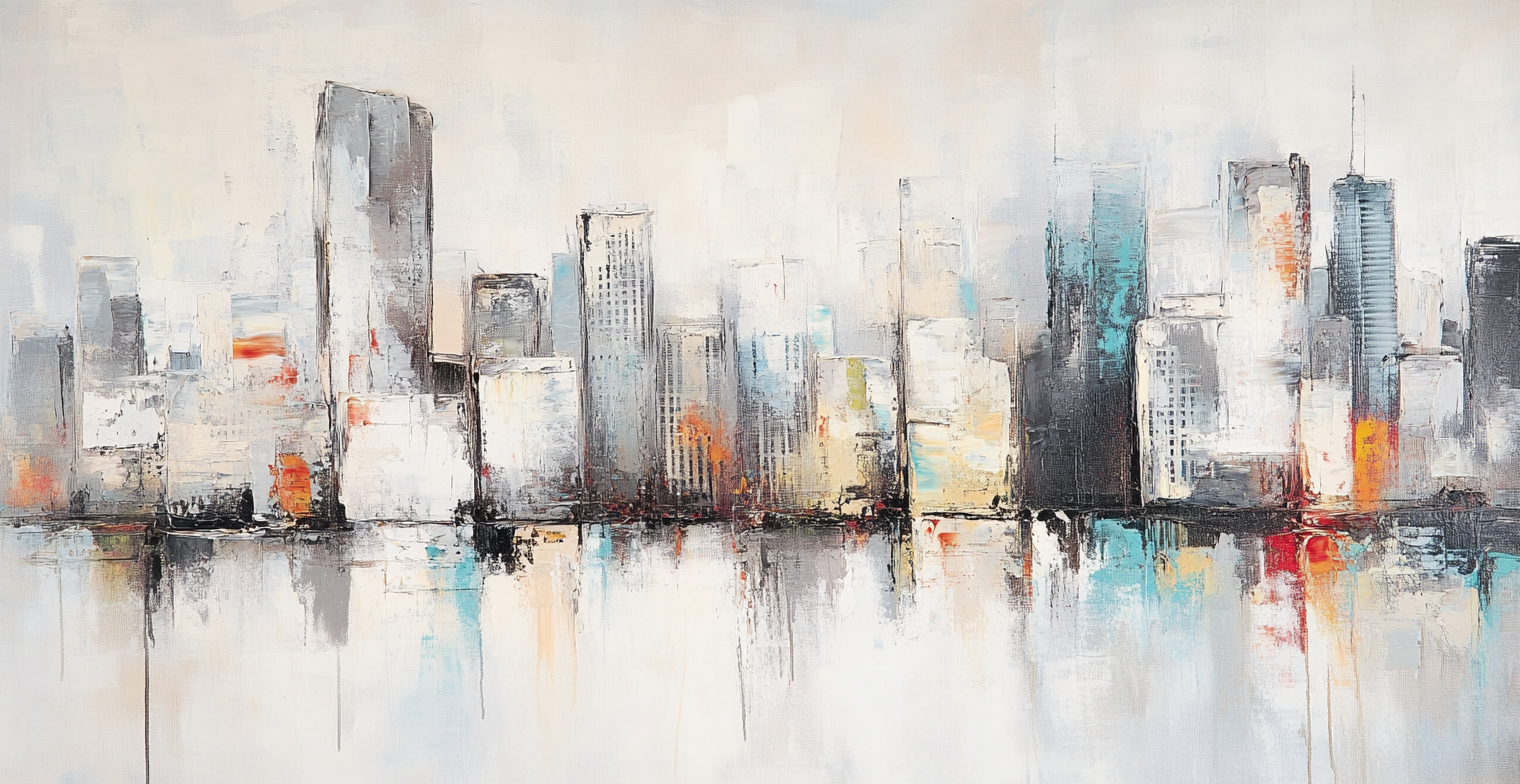 Modern abstract painting of Glasgow in white, gray, silver.