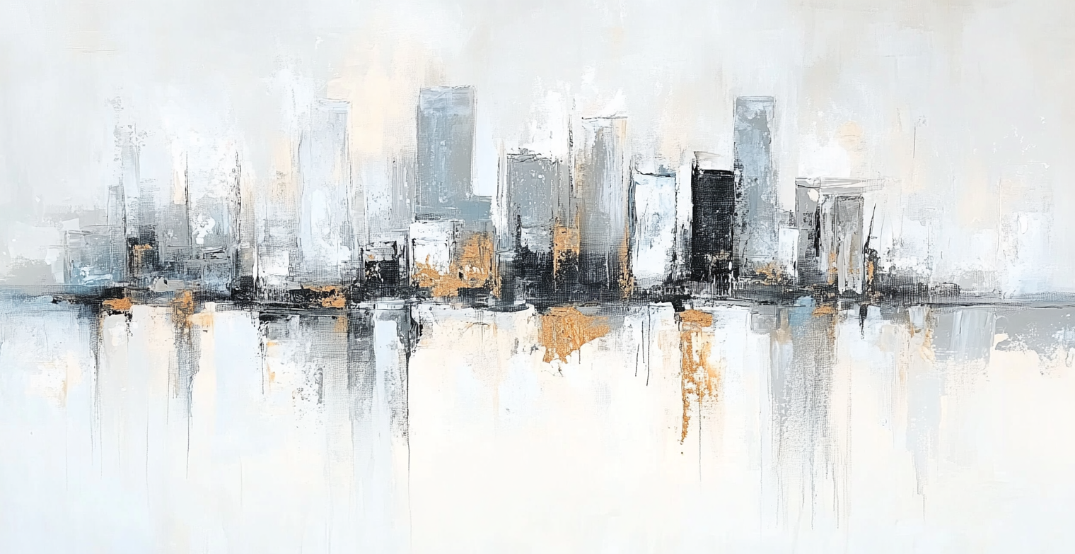 Modern abstract painting of Glasgow skyline, light colors.