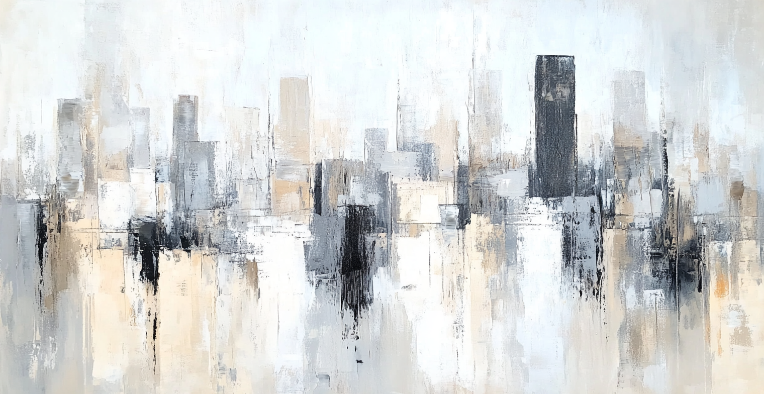 Modern abstract painting of Glasgow skyline with brush strokes.