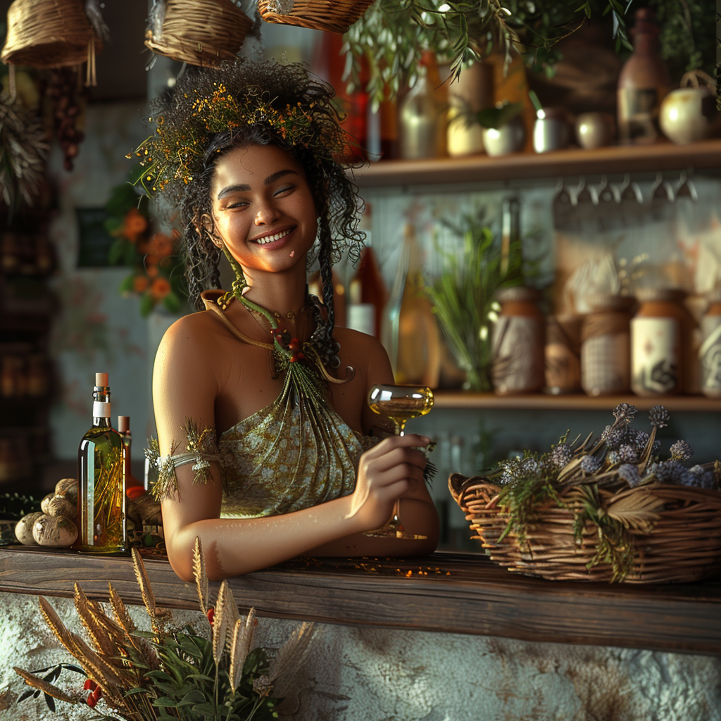 Modern ancient apothecary with glass bottles, herbs, Maori witch.