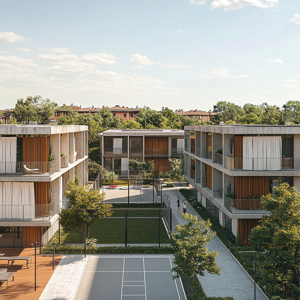 Modern apartment blocks with green spaces in Italy