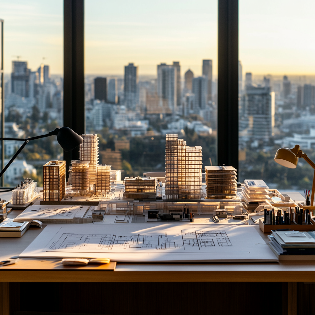 Modern architect's office with building models and city view