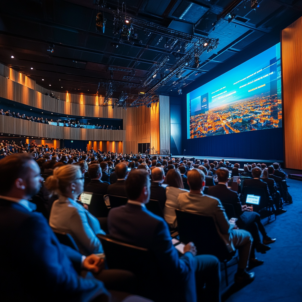 Modern auditorium with diverse global audience and professional lighting.