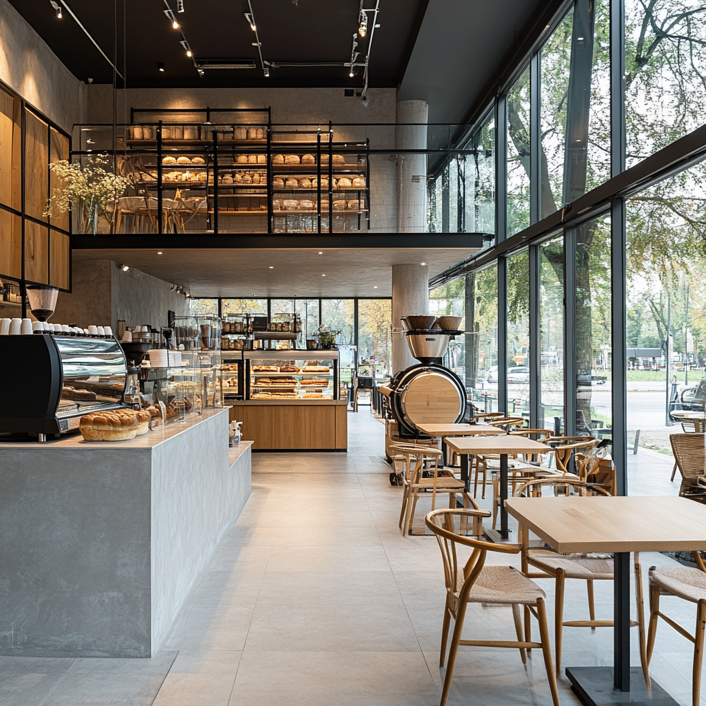 Modern bakery and cafe with glass walls, work space, park view, coffee roaster.