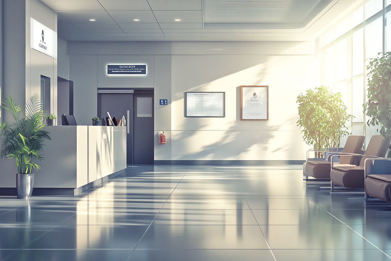 Modern bank lobby with sleek decor and seating.