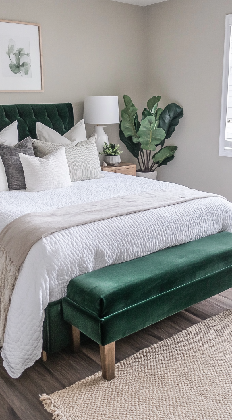 Modern bedroom with green bed, white pillows, plants.