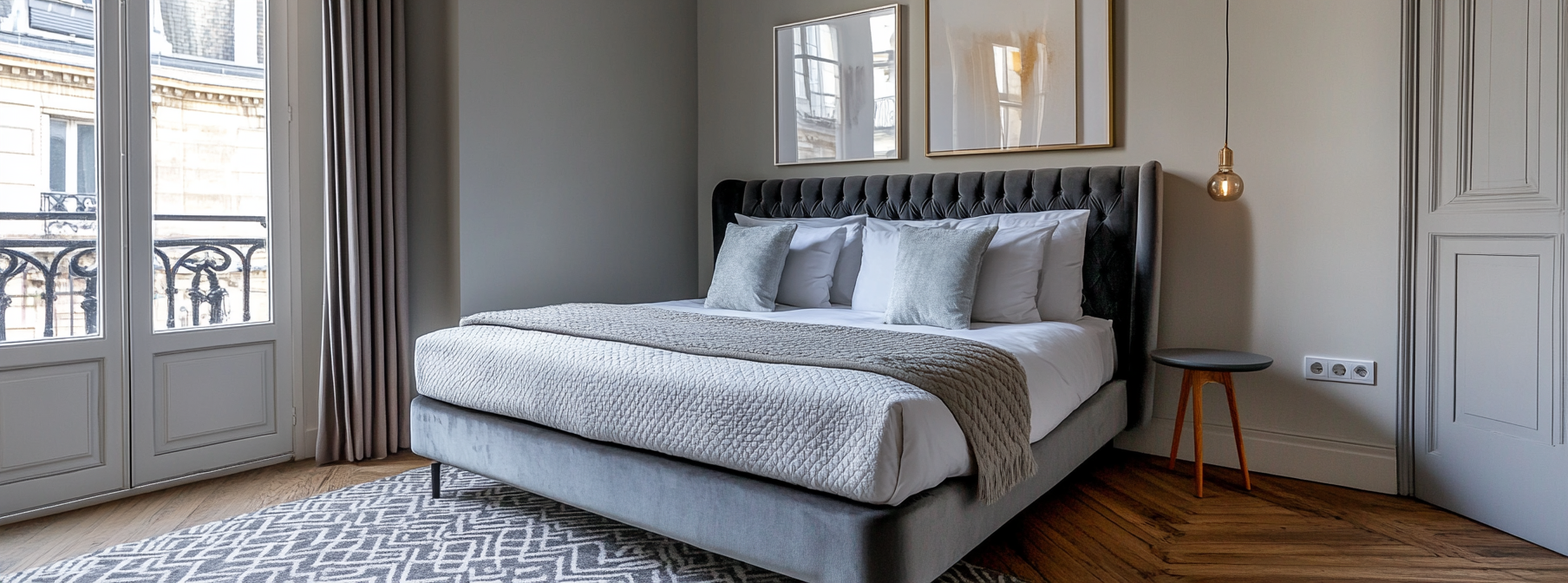 Modern bedroom with grey bed and geometric carpet