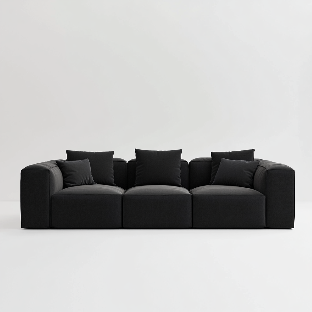 Modern black long sofa with stiff soft seating.