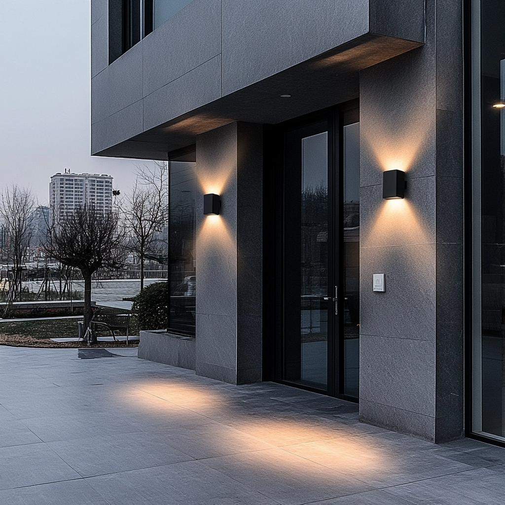 Modern black outdoor wall lights in night ambiance.