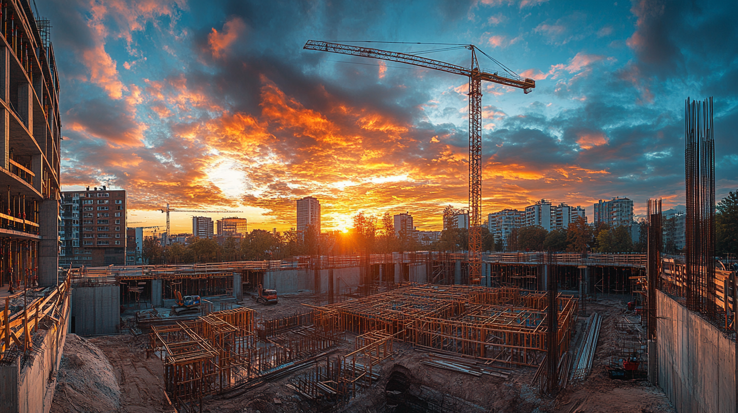 Modern building site with construction equipment in sunrise.