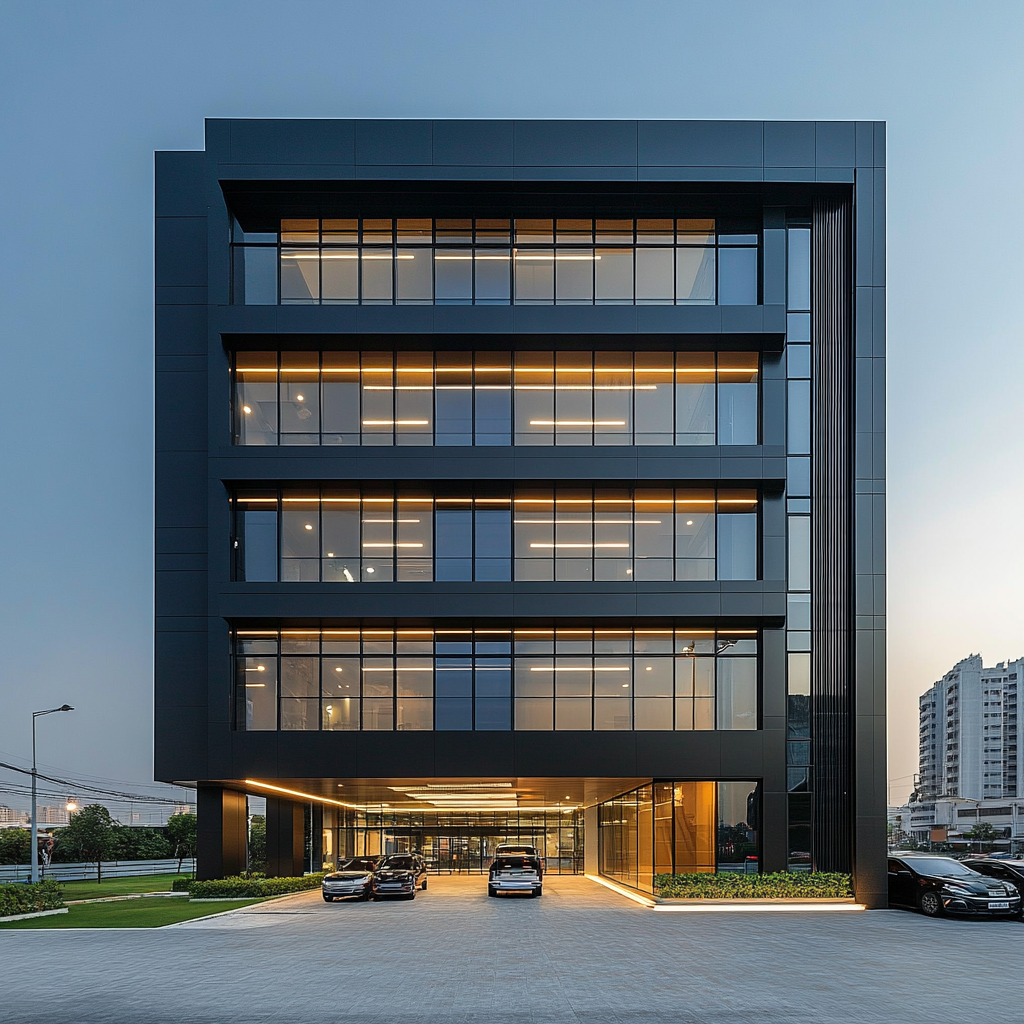 Modern building with commercial space, office floors below.