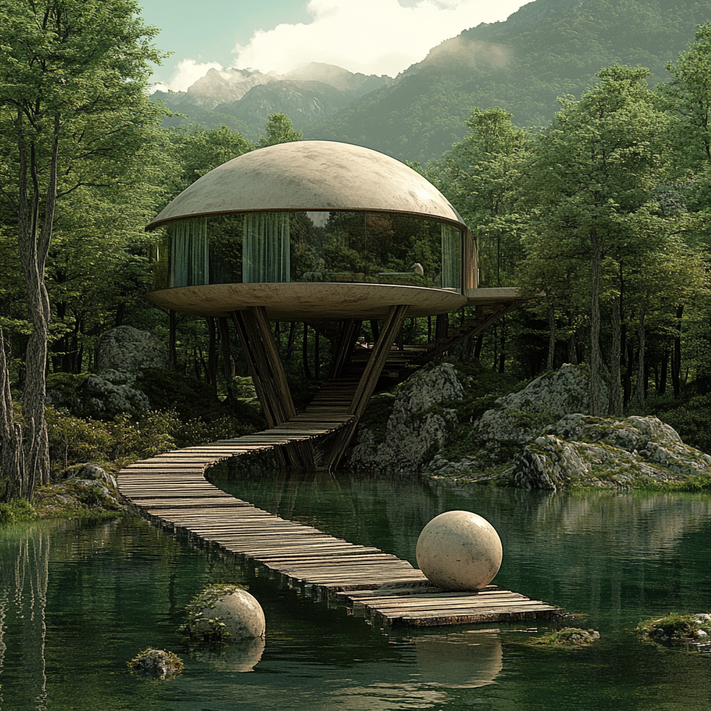 Modern cabin on flat platform supported by spheres in lake.