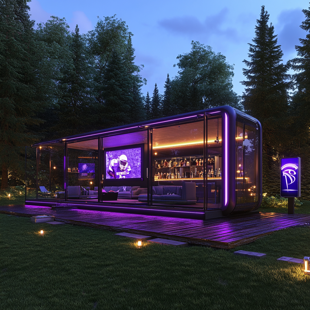 Modern camper pods, Vikings themed, glass and steel, Madden icons.