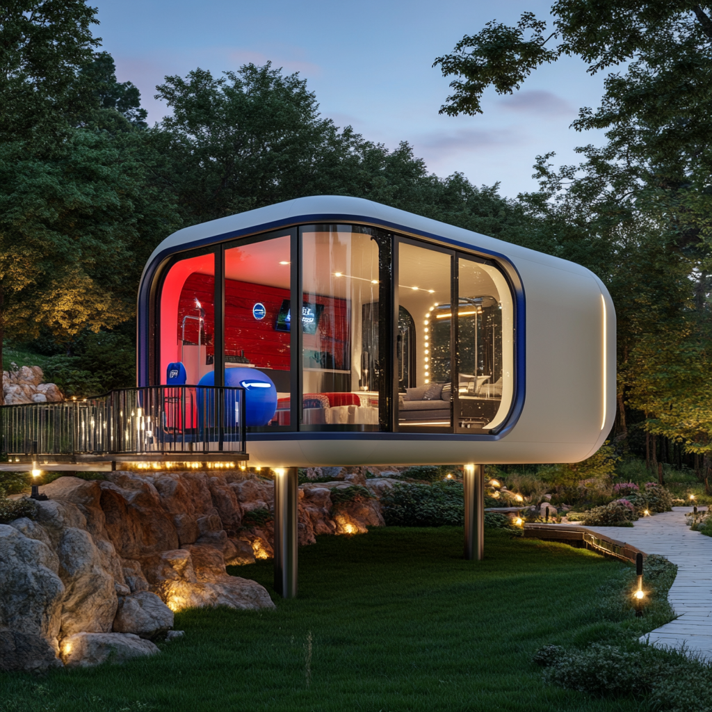 Modern camper pods with New England Patriots theme on cliff.