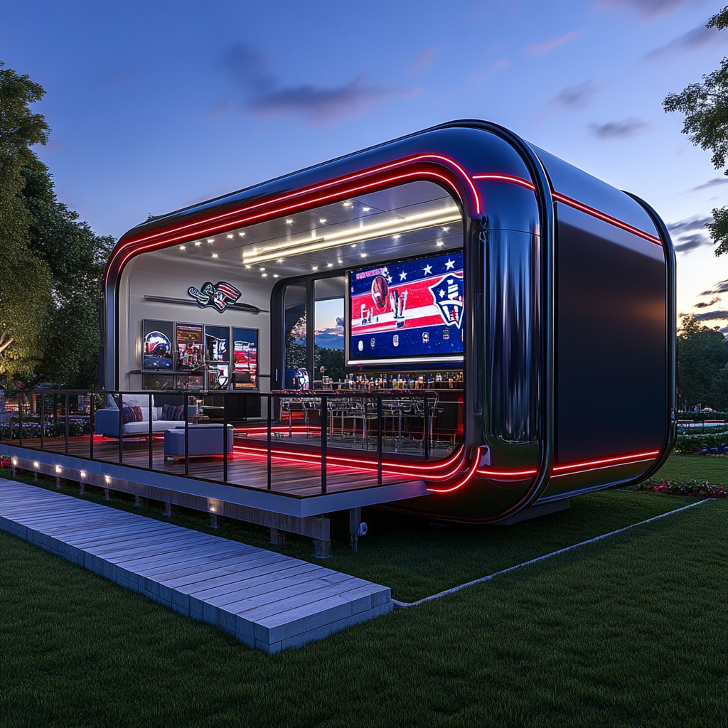 Modern camper pods with Patriots theme, pod cast studio.