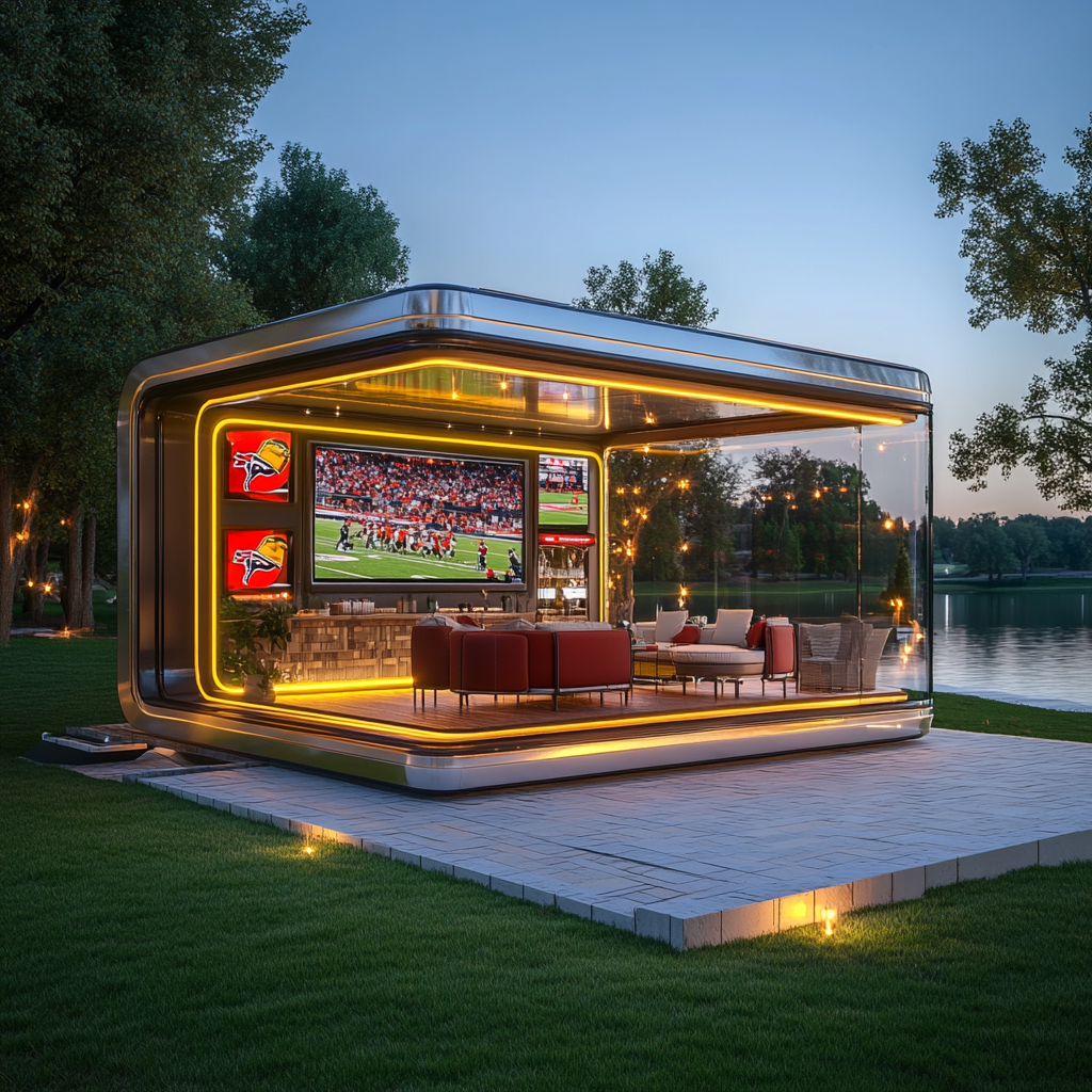 Modern camper pods with sports-themed man cave interior.