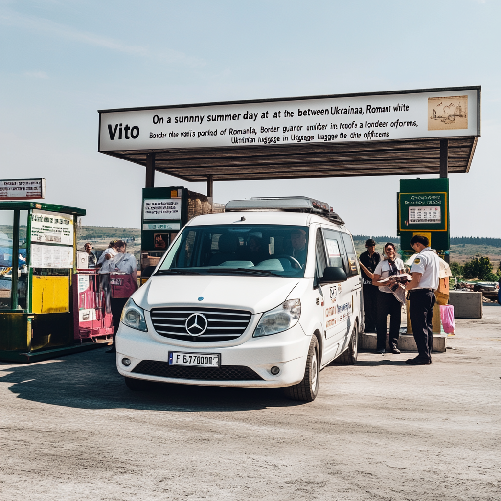 Modern car at customs checkpoint on sunny border day.