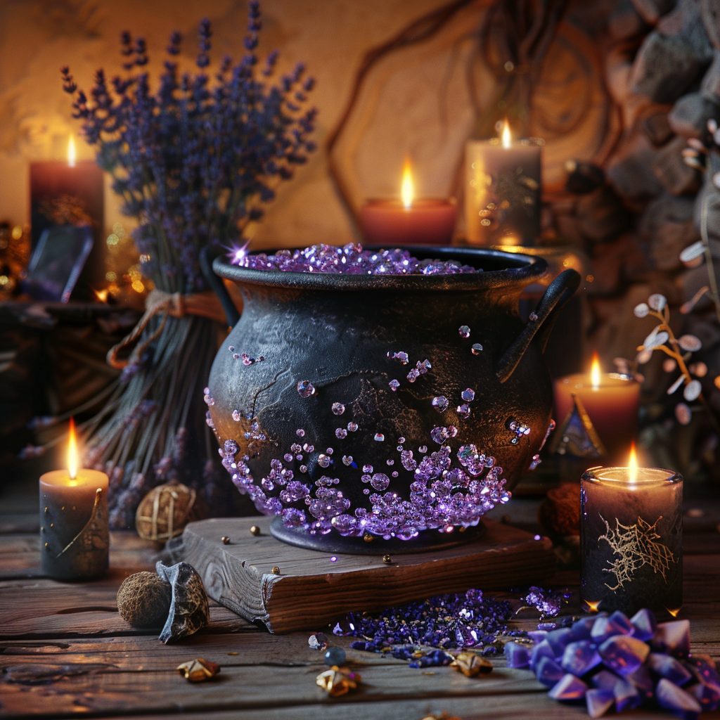 Modern cauldron with bubbling magic potion, candles, crystals.