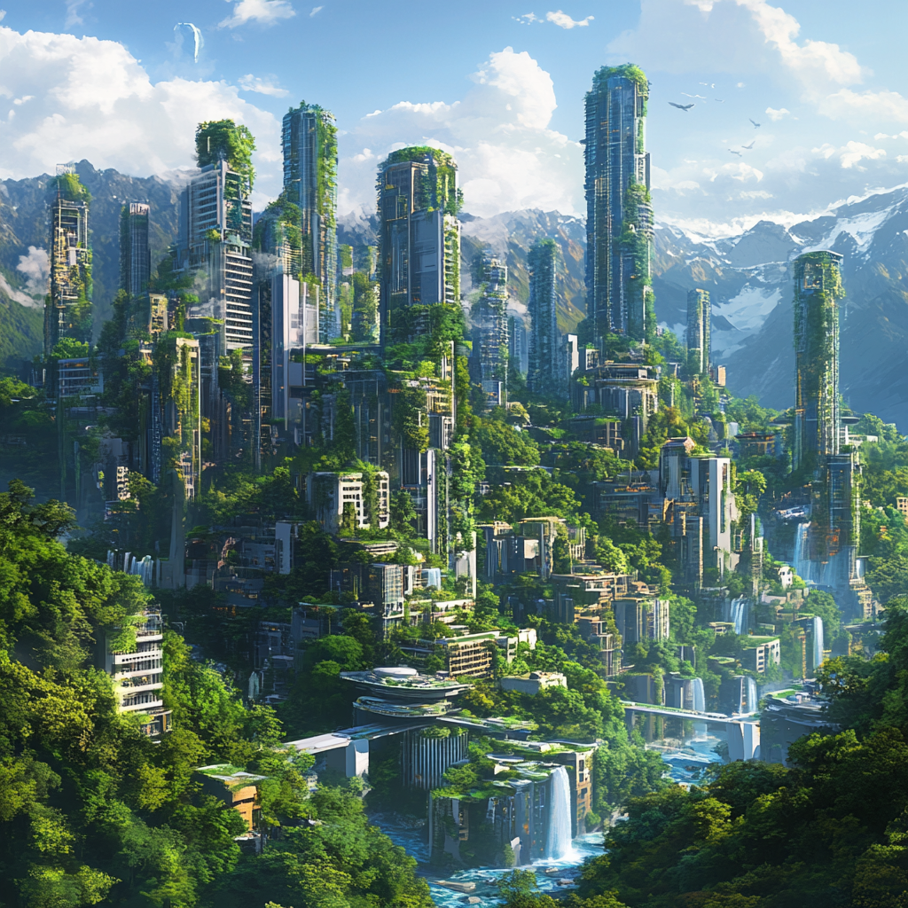 Modern city blends with nature, peaceful and harmonious.