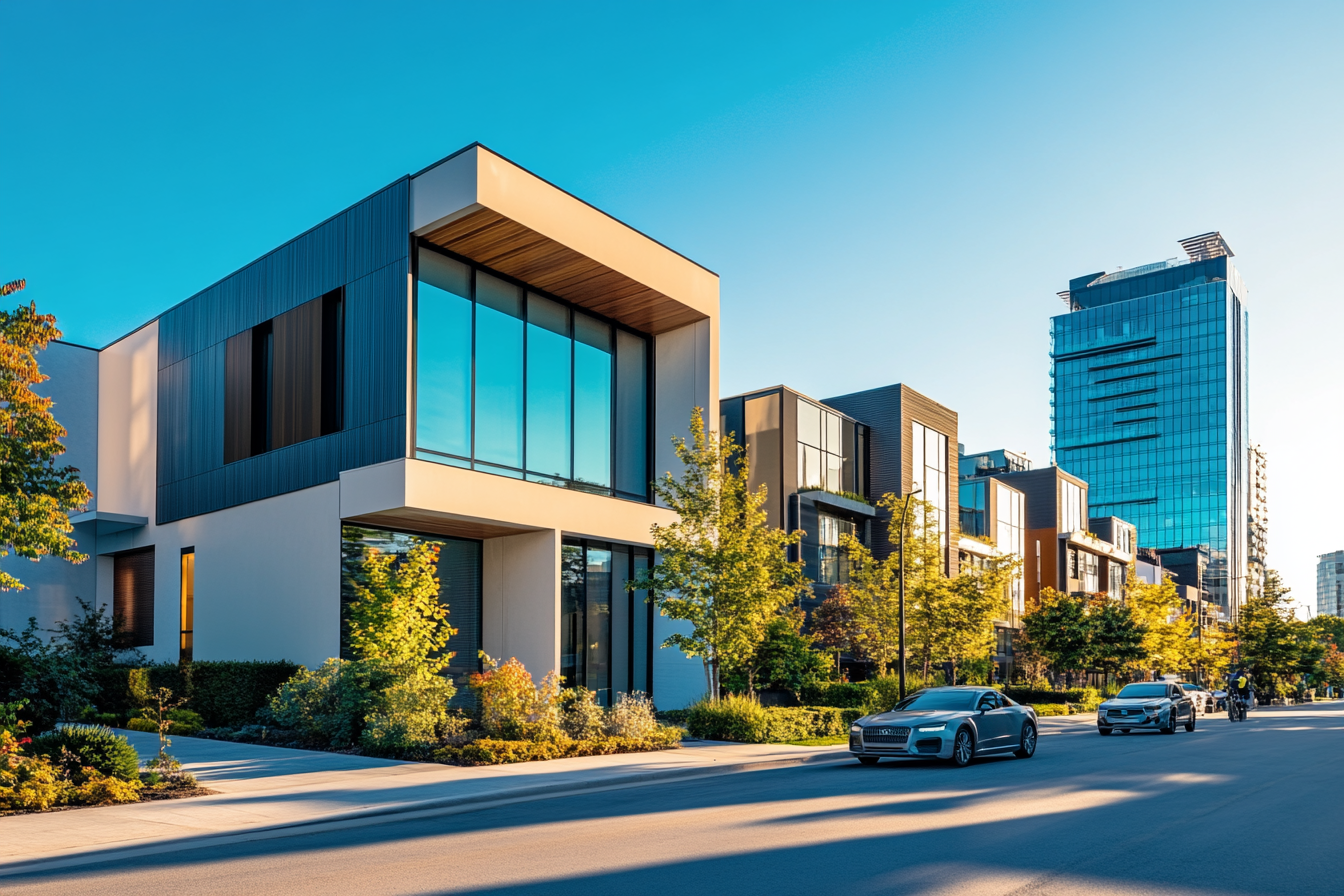 Modern city buildings on clean street