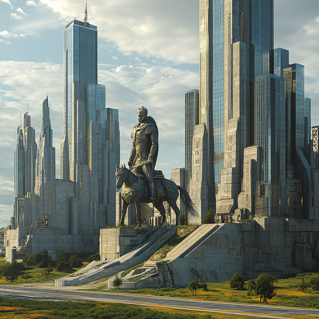 Modern city with Scythian-inspired structures, statues, and landscapes.