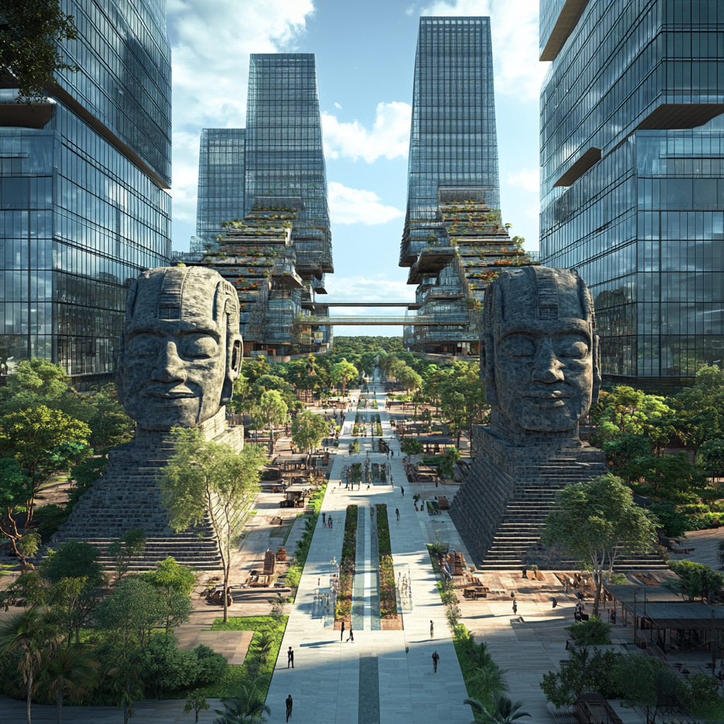 Modern cityscape blends ancient Olmec architecture seamlessly.