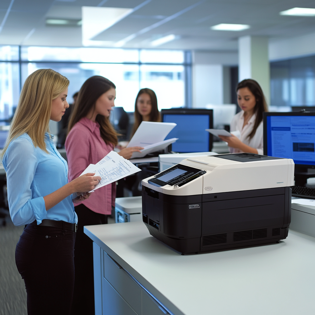 Modern copier machines in office with women workers