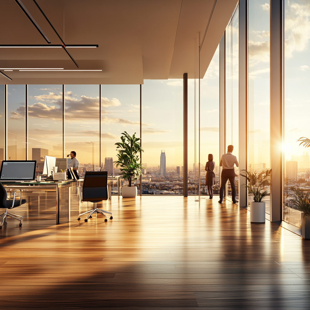 Modern corporate office with panoramic city view. Glass desks.