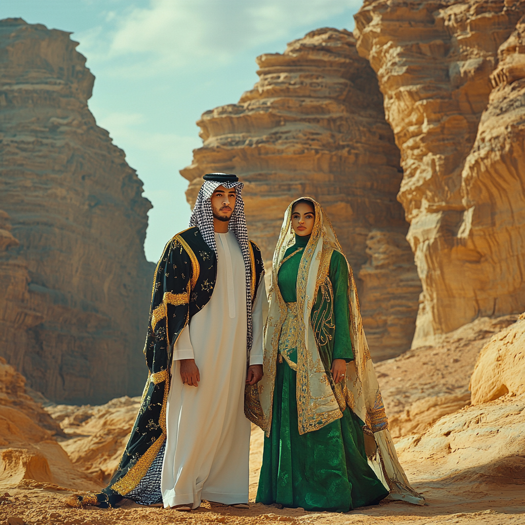 Modern couple in AlUla, Saudi traditional attire