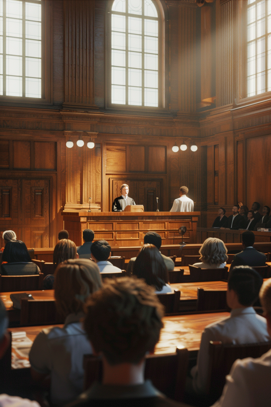 Modern courtroom scene with young educator speaking at podium.