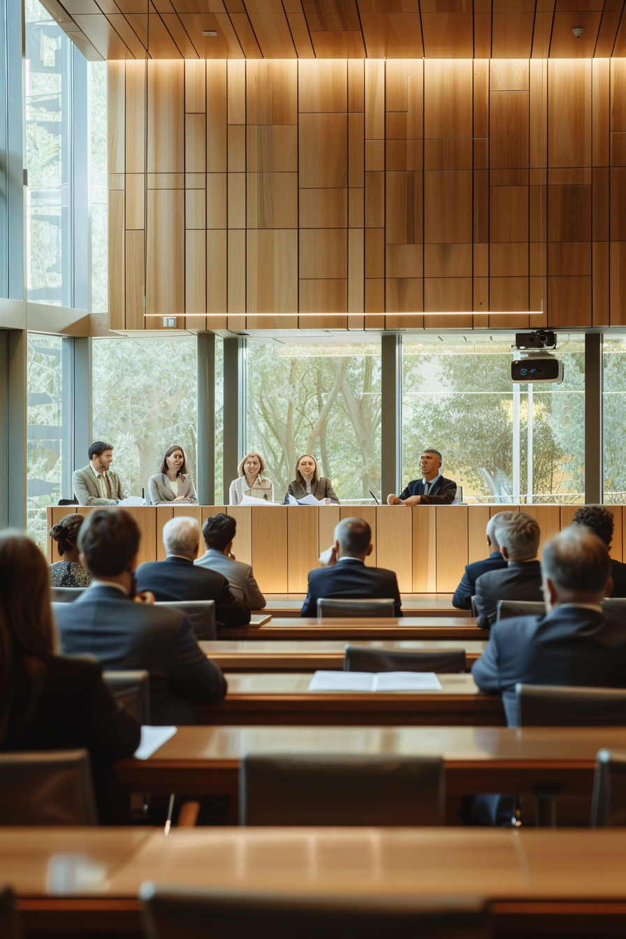 Modern courtroom with legal professionals, judges, and lawyer.