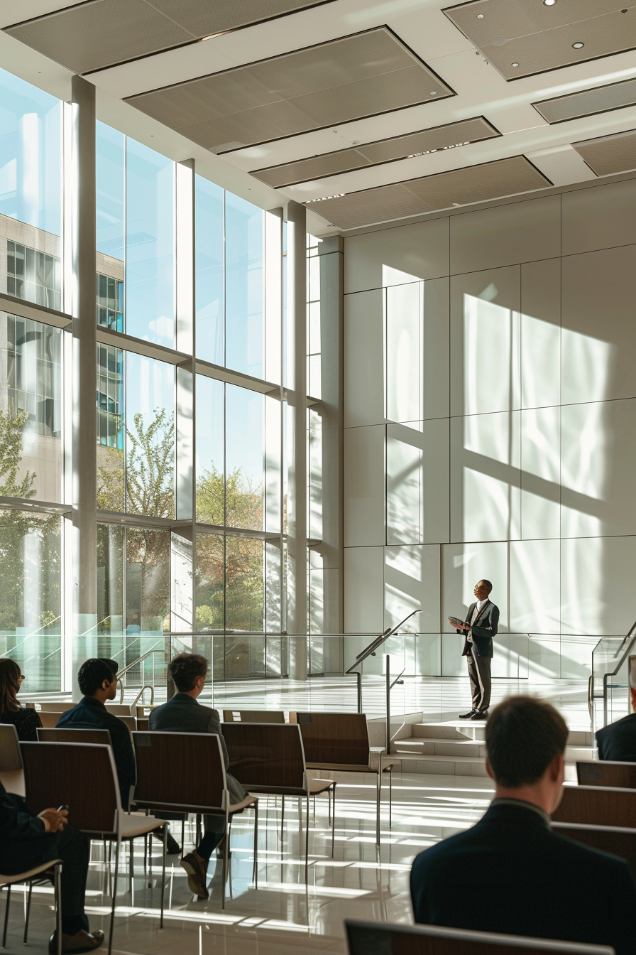 Modern courtroom with minimalist design, educator speaks confidently.