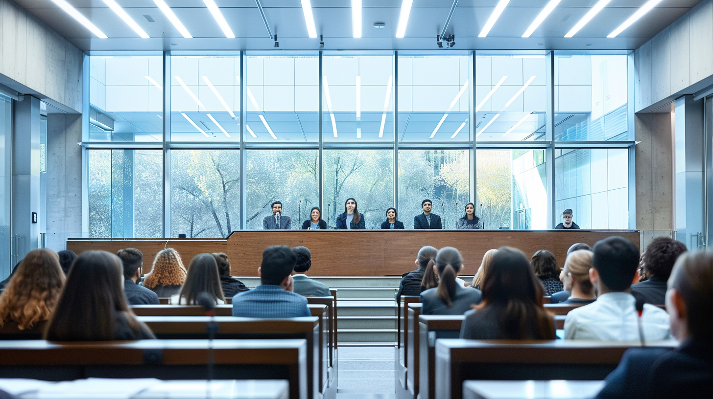 Modern courtroom with minimalist design, professional audience watches educator.