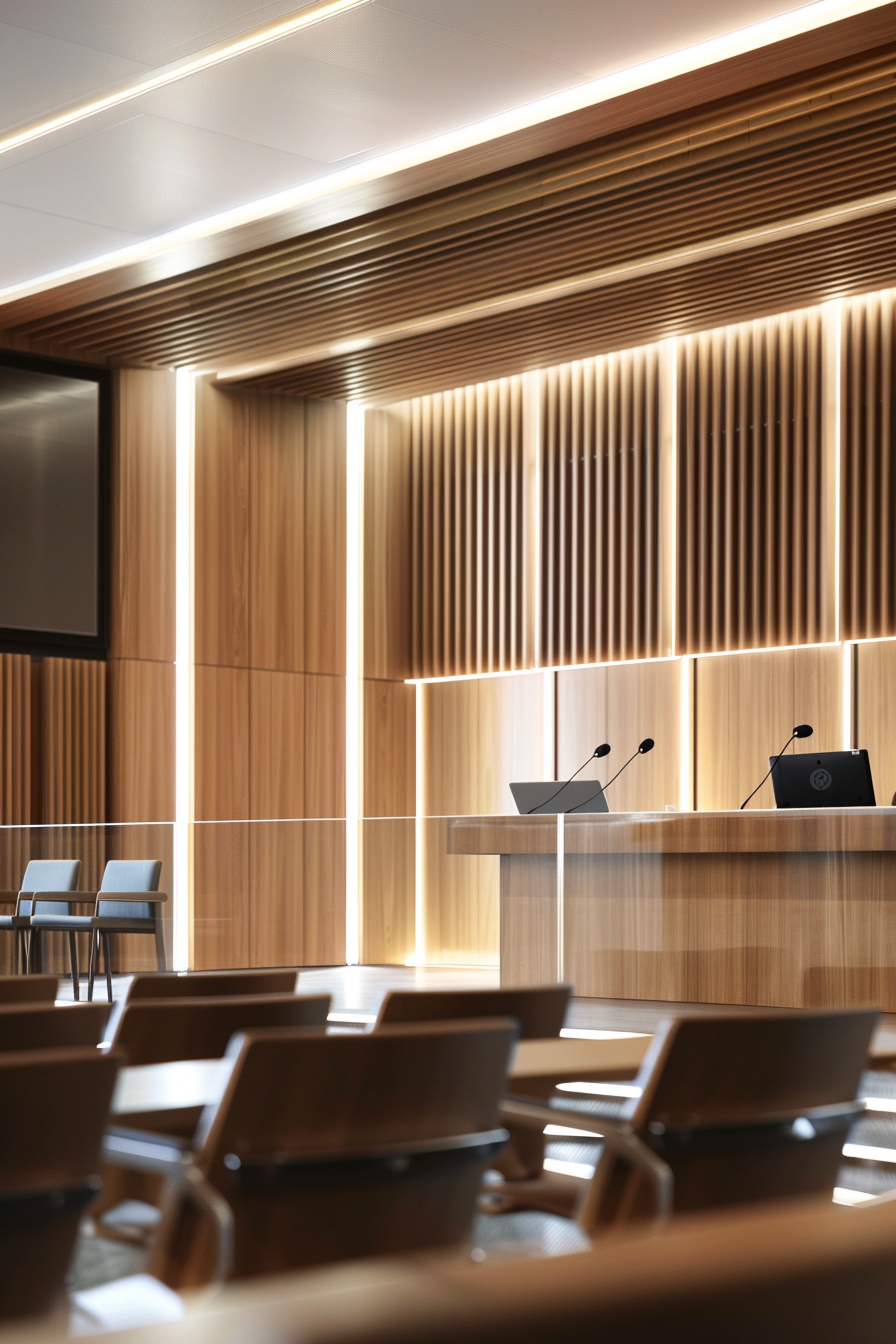 Modern courtroom with sleek wooden walls, large display.