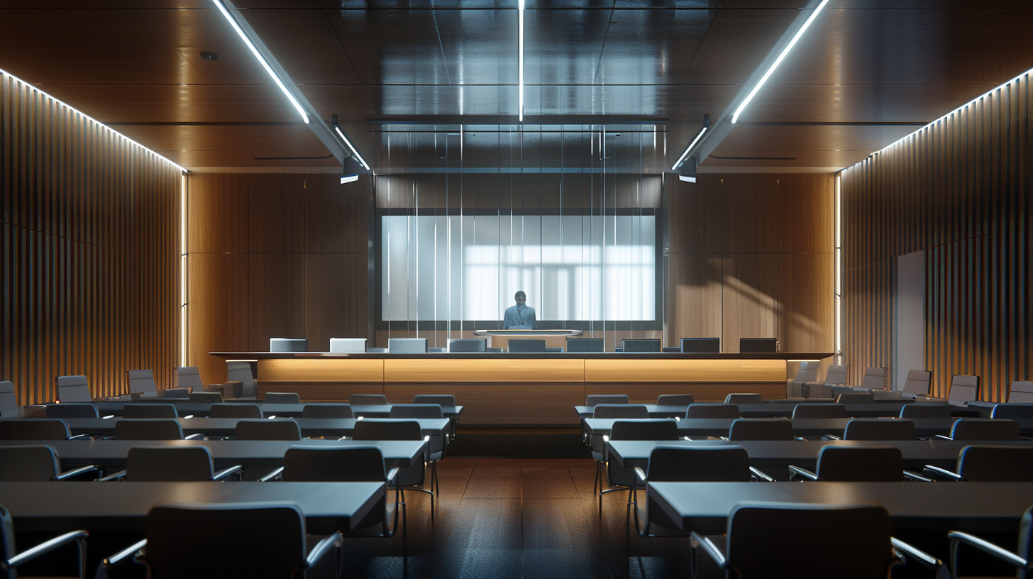 Modern courtroom with wooden walls, digital display, sleek design.