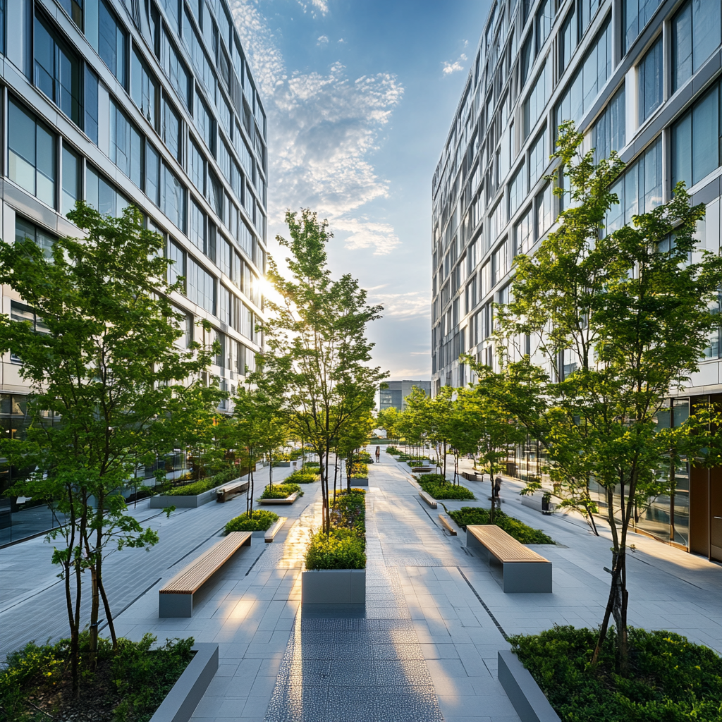 Modern downtown garden with trees, benches, and buildings. Sky is sunny with blue clouds.