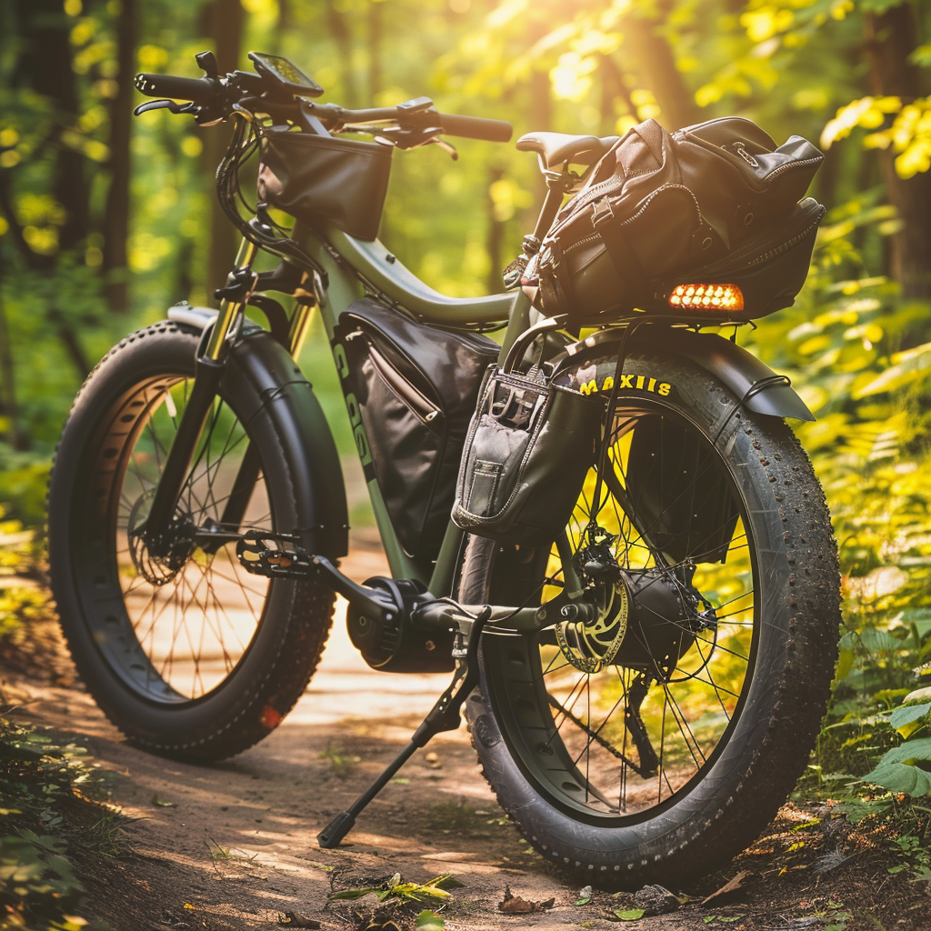 Modern electric bike with accessories on forest path