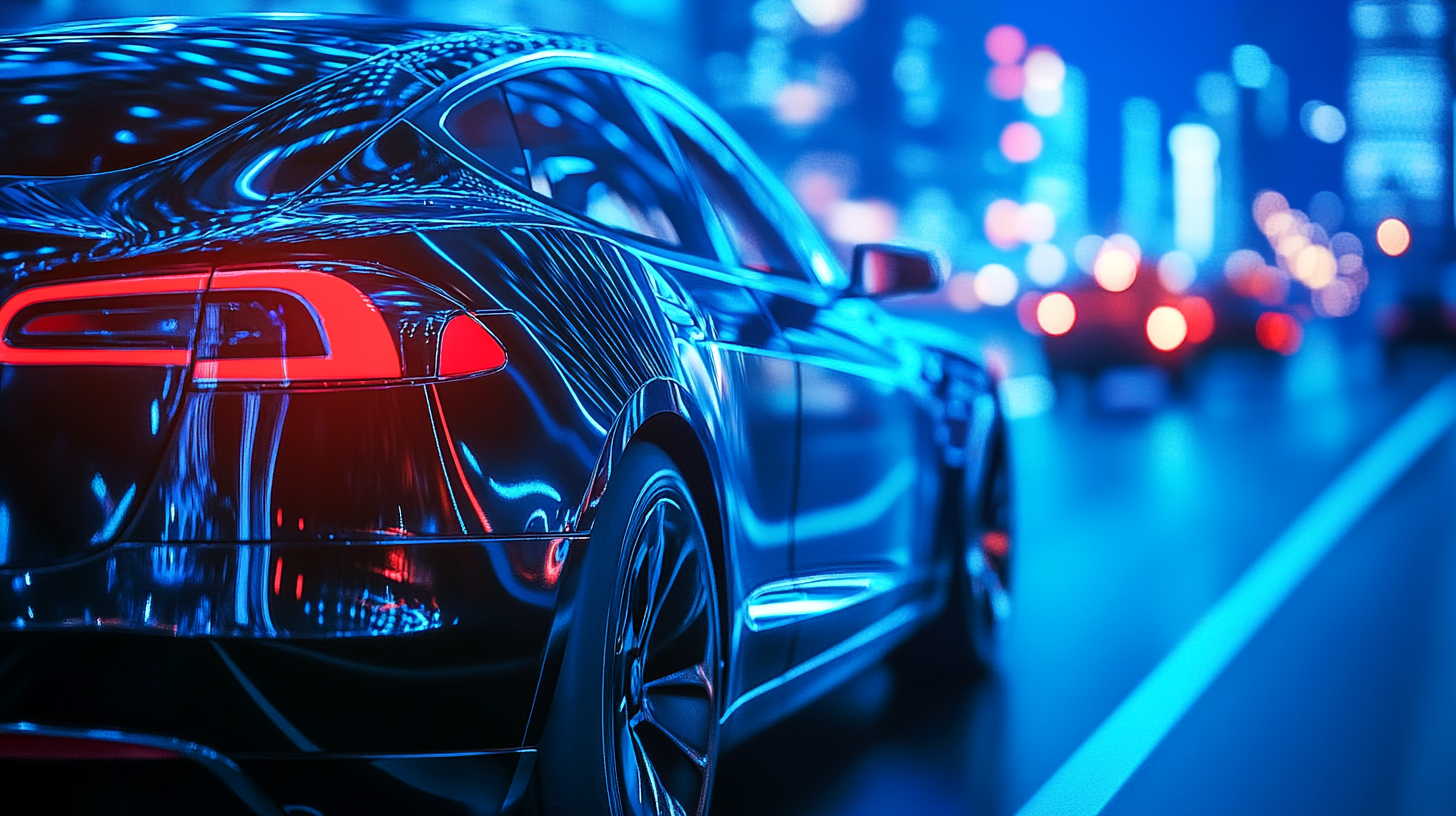 Modern electric cars in blue and black on highway.