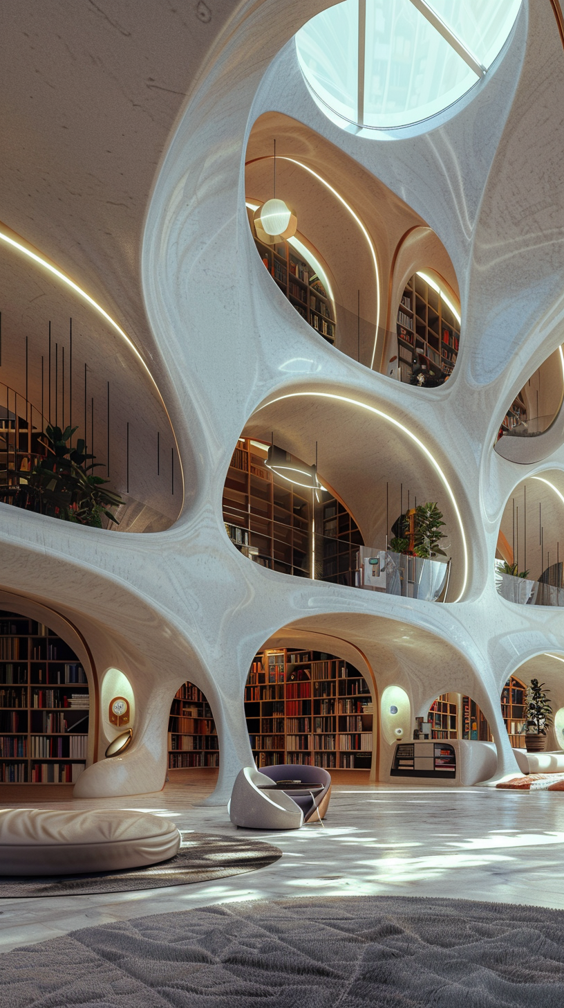 Modern fantasy library, luxury shape, hyper realistic, organic structures.