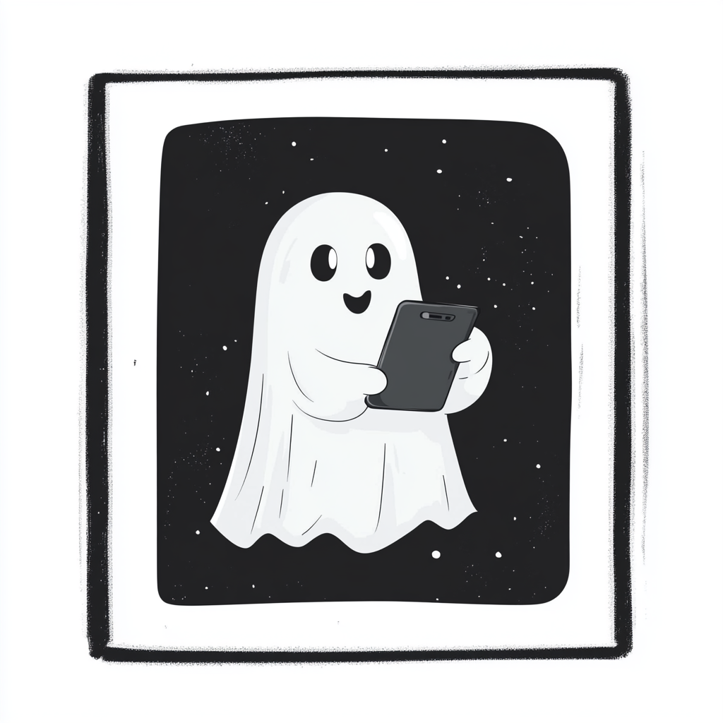 Modern flat design of cute ghost with smartphone illustration.