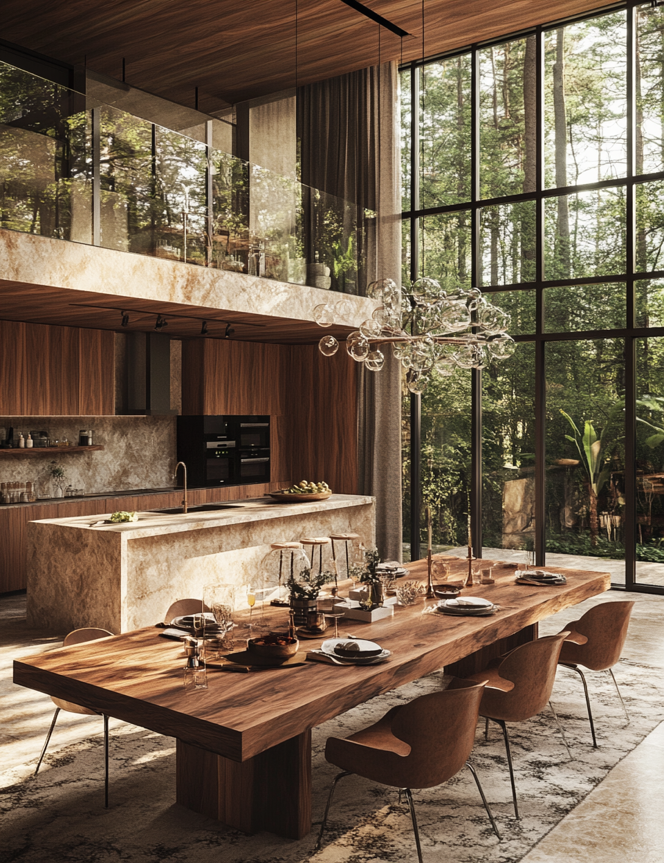 Modern forest kitchen with marble and wood living room.