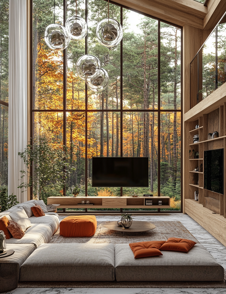 Modern forest living room with luxury materials and natural light.